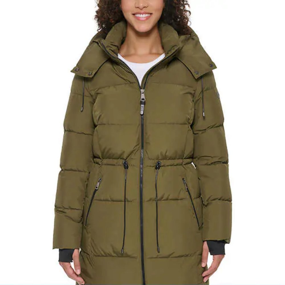 NWT DKNY Women's Long Hooded Thumb Hole Winter Parka Green Size L $200 7D006